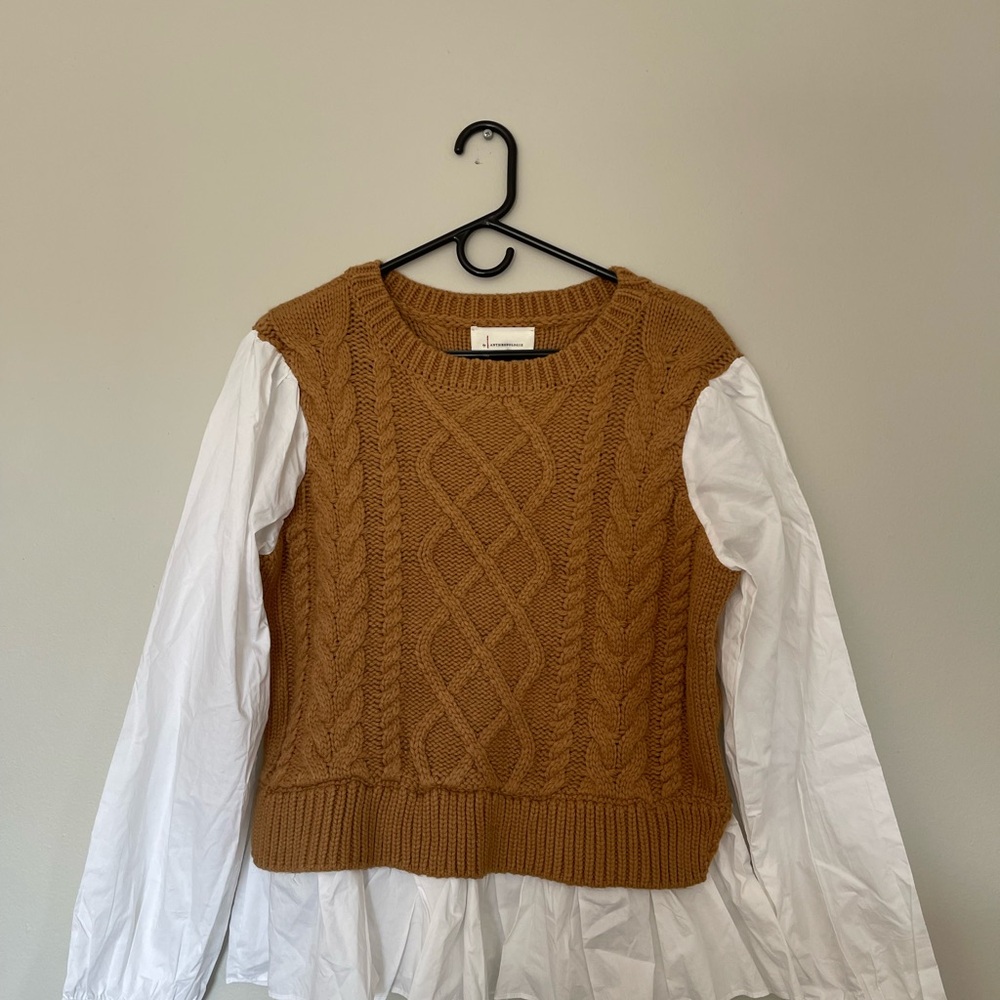 Anthropologie Brown Crew Neck Sweater with Argyle Pattern